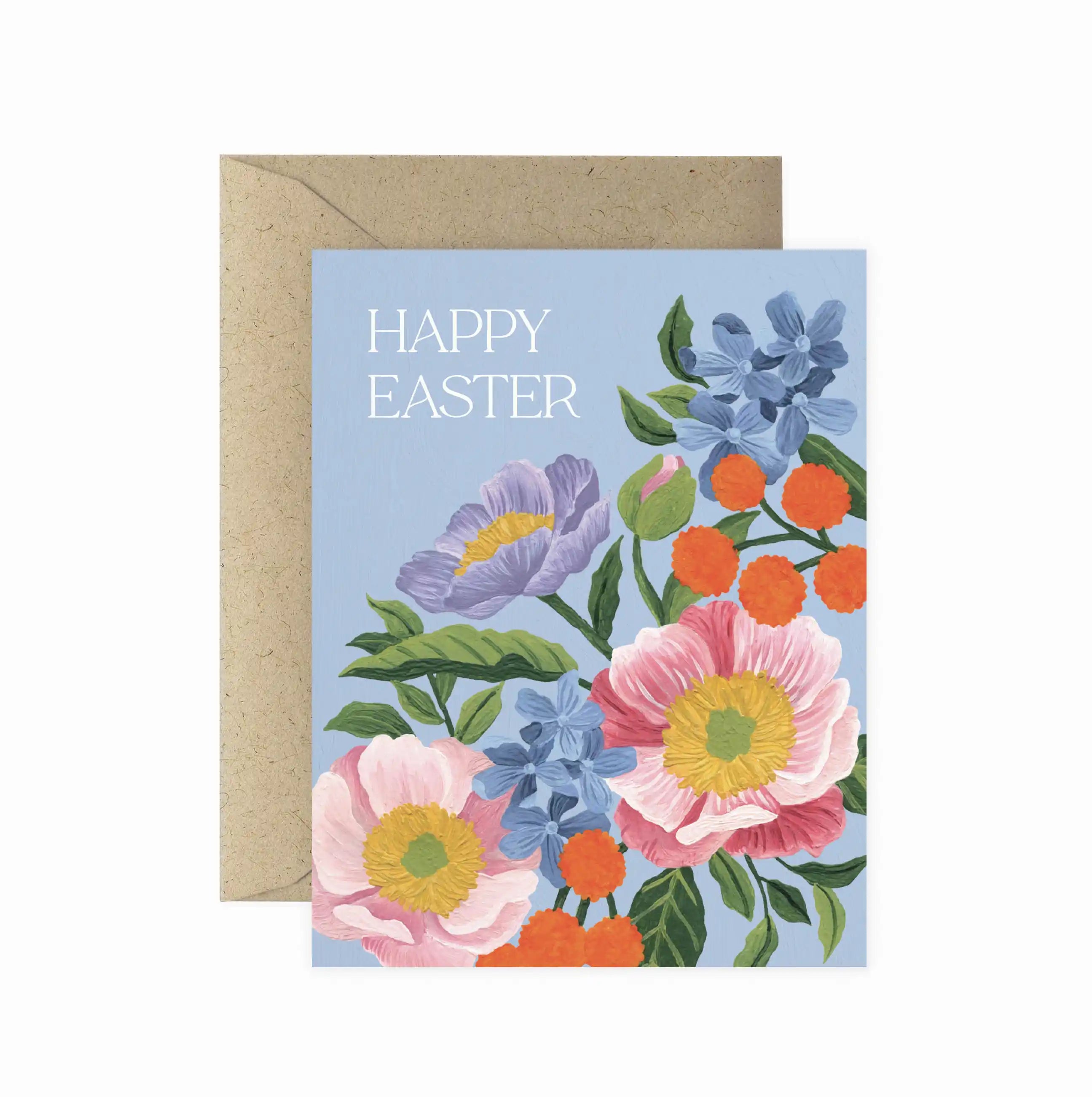 Easter card with floral design and 'Happy Easter' text, featuring a brown envelope.